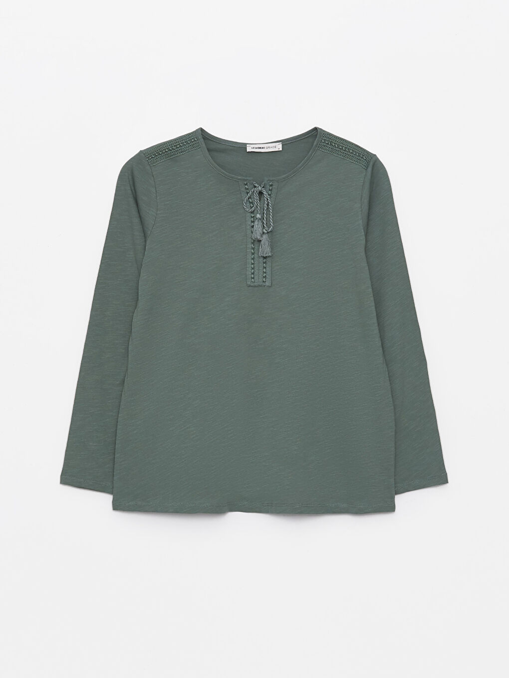 Yeşil Bağlamalı Yaka Nakışlı Uzun Kollu Kadın Bluz-5