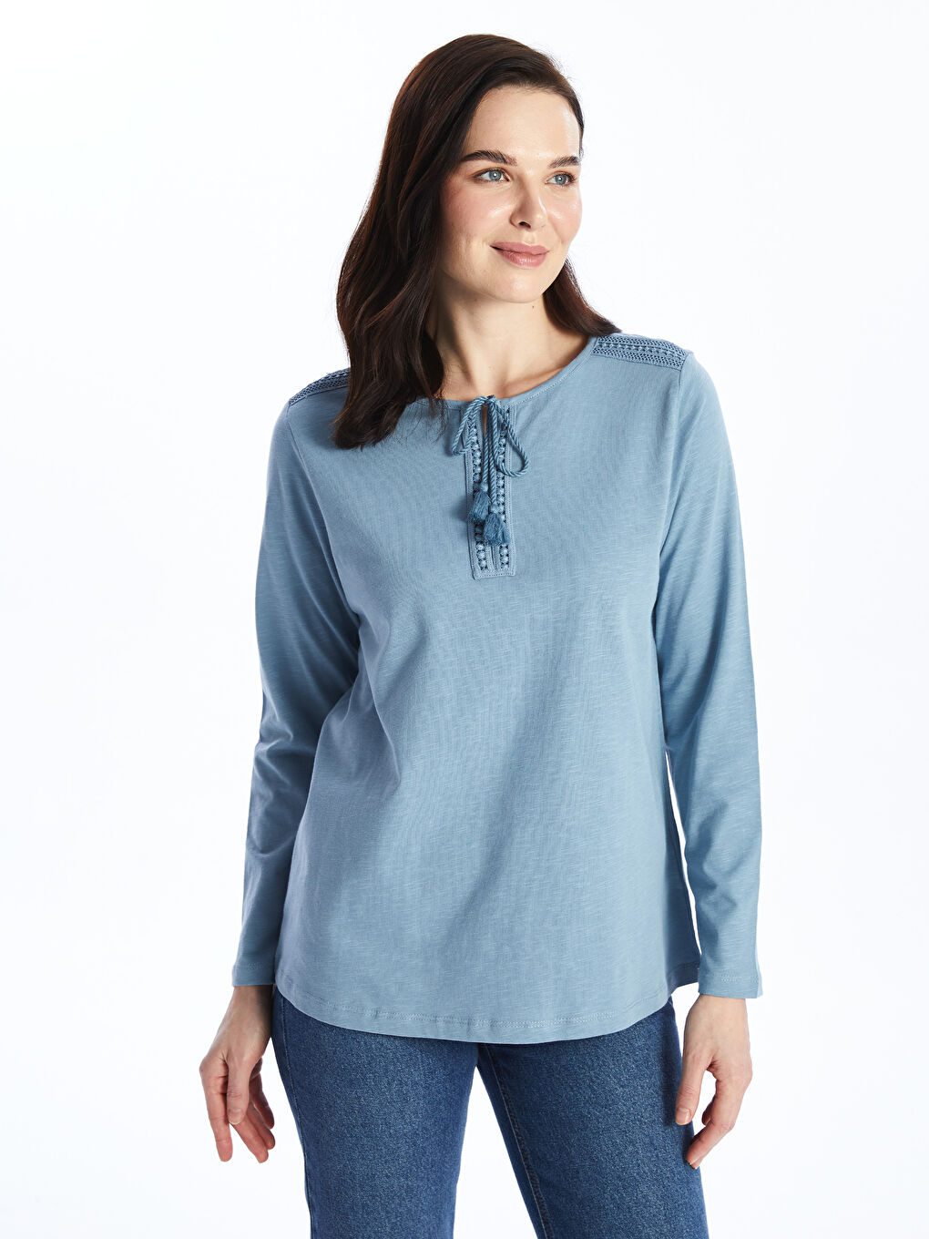 Tie Neck Embroidered Long Sleeve Women's Blouse -S46741Z8-R0V