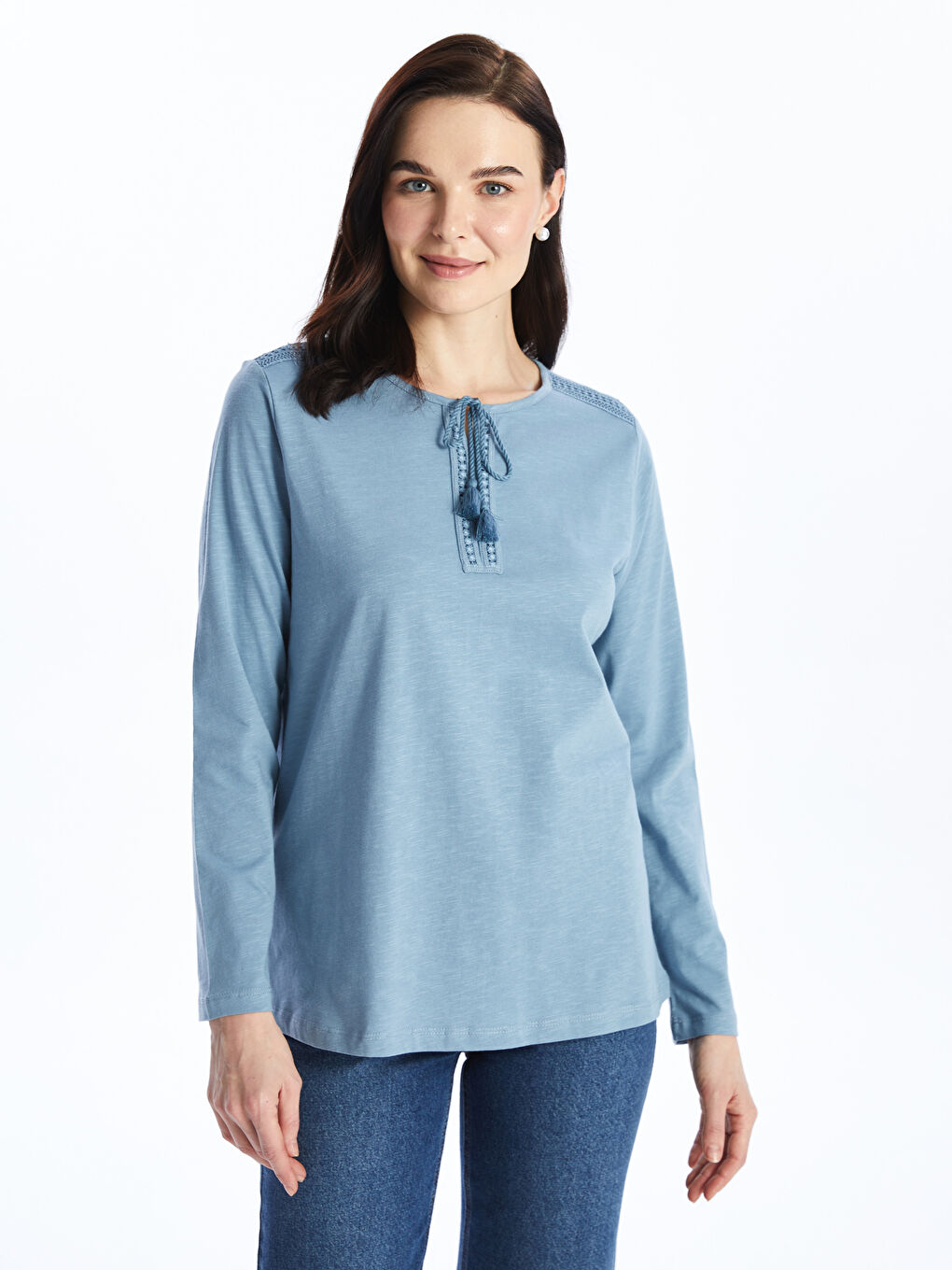 Tie Neck Embroidered Long Sleeve Women's Blouse -S46741Z8-R0V