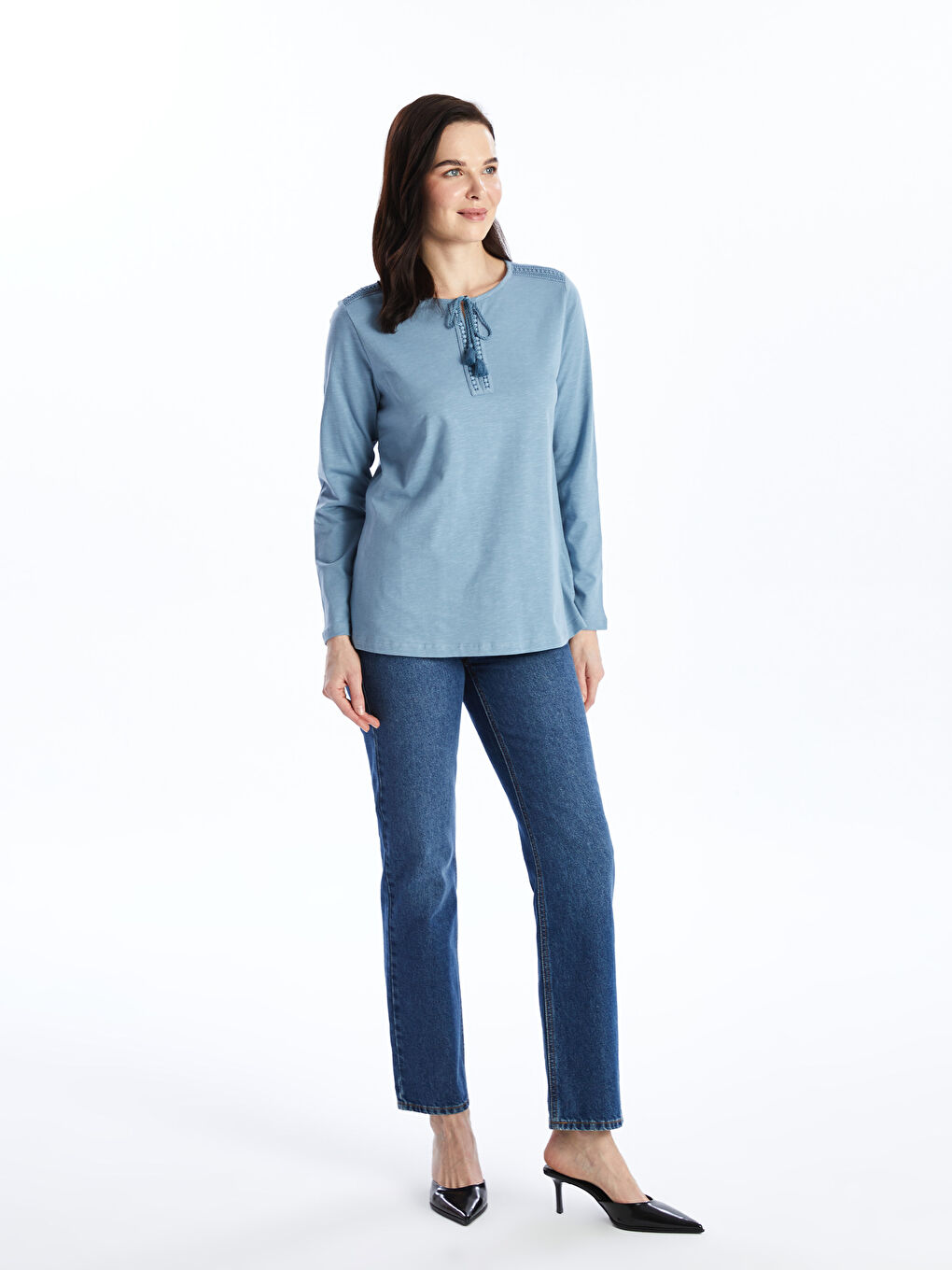 Tie Neck Embroidered Long Sleeve Women's Blouse -S46741Z8-R0V