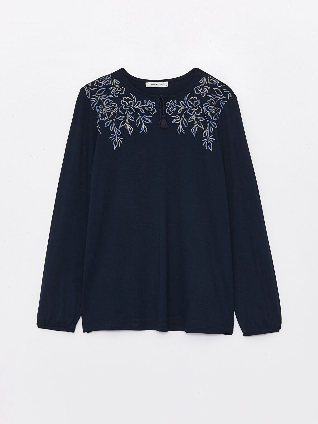 Lacivert Bağlamalı Yaka Çiçekli Uzun Kollu Kadın Bluz-5