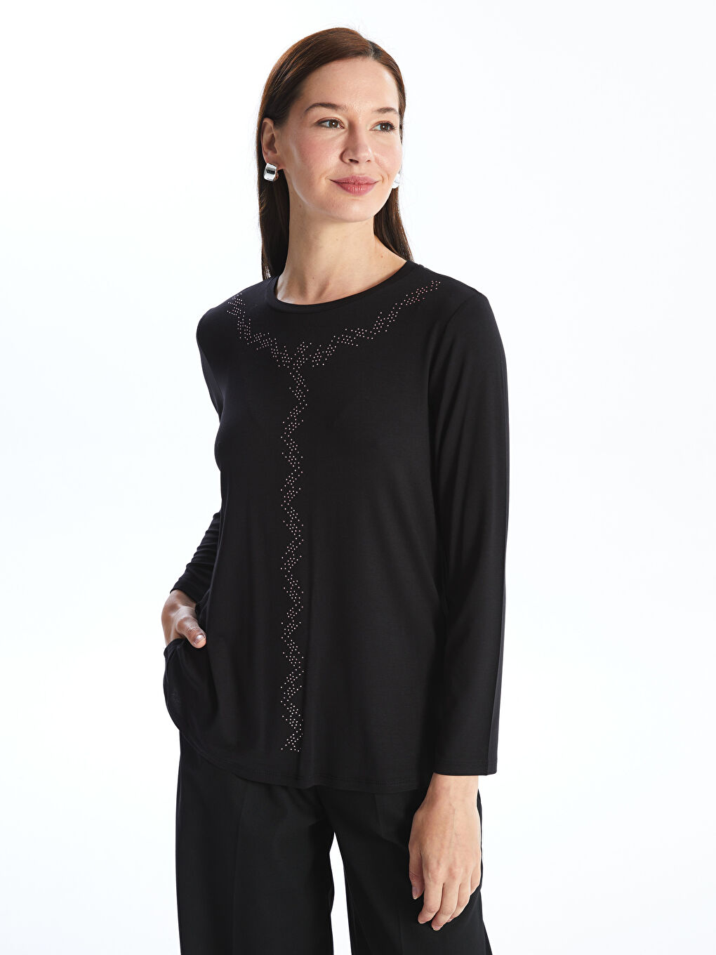 تيشيرت نسائي بأكمام طويلة وياقة مستديرة -S46749Z8-CVL