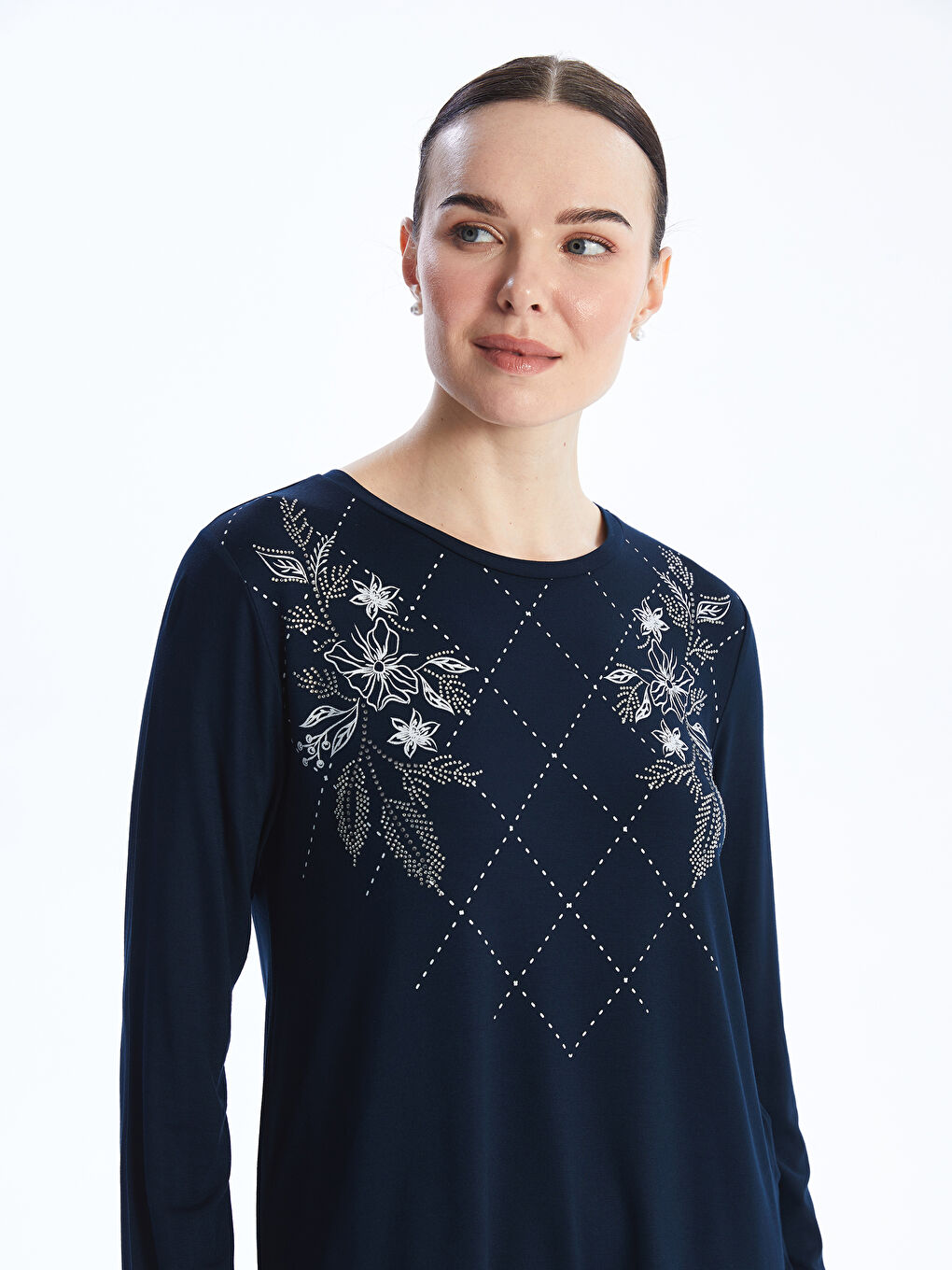 Lacivert Bisiklet Yaka Baskılı Uzun Kollu Kadın Tişört-2