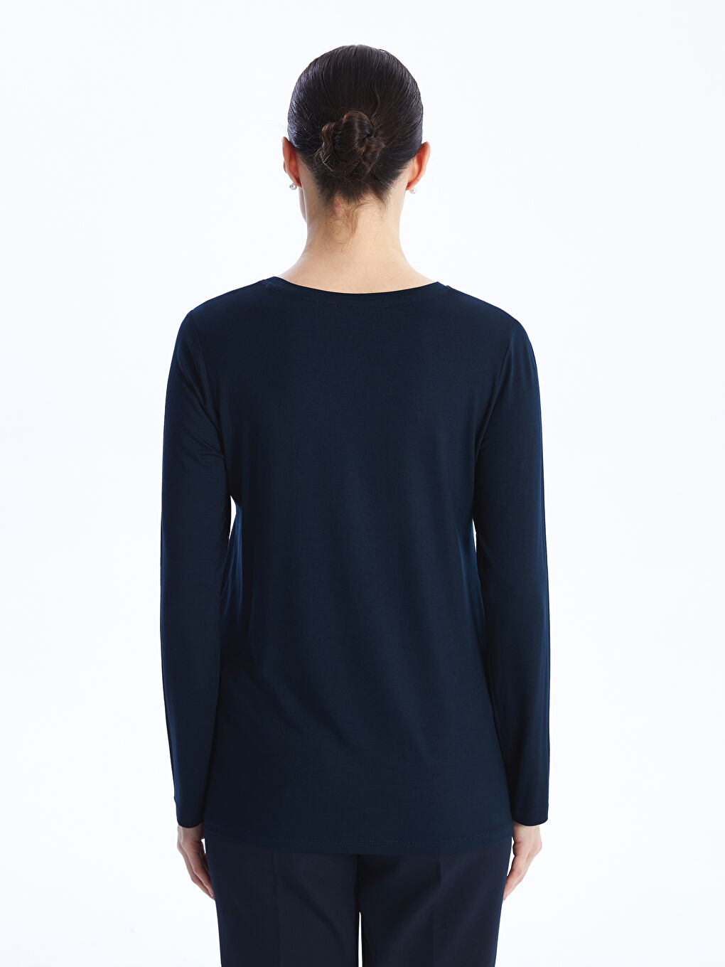 Lacivert Bisiklet Yaka Baskılı Uzun Kollu Kadın Tişört-4