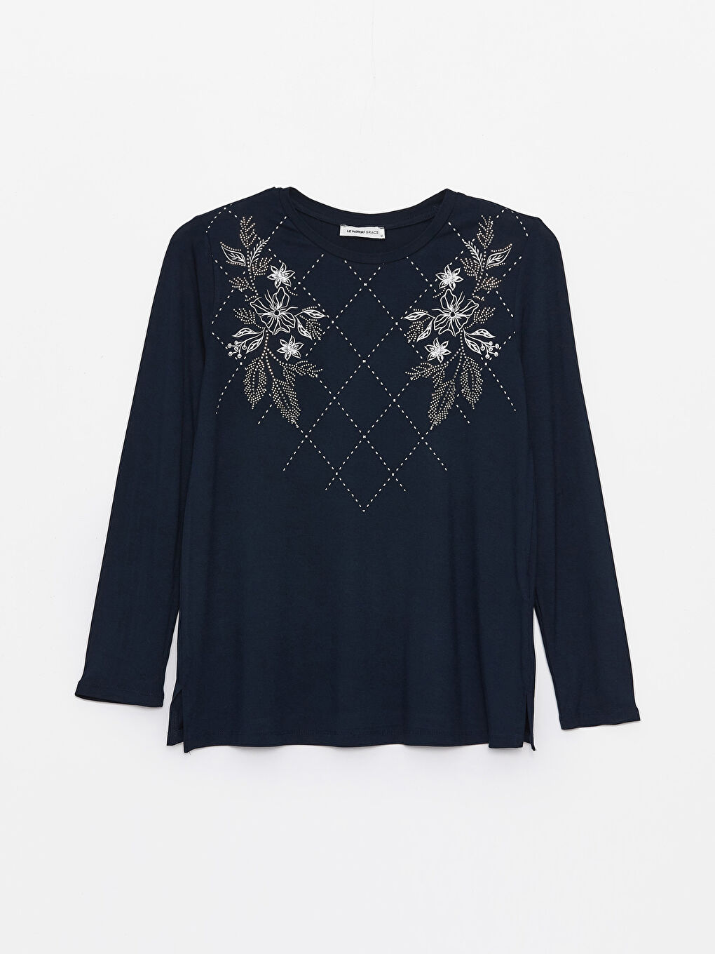 Lacivert Bisiklet Yaka Baskılı Uzun Kollu Kadın Tişört-5