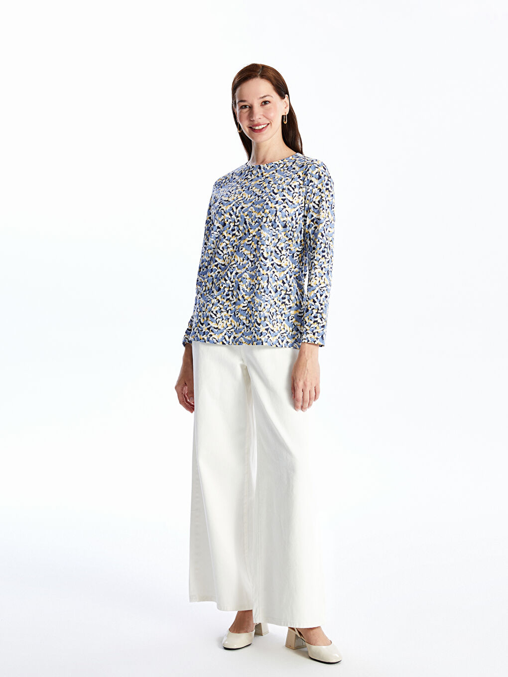 Crew Neck Patterned Long Sleeve Women's T-shirt -S46750Z8-LQK