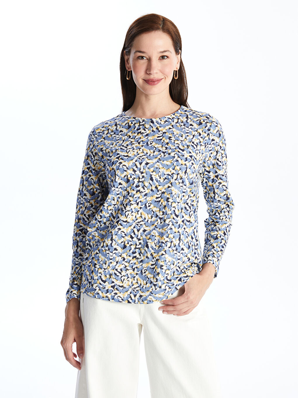 Crew Neck Patterned Long Sleeve Women's T-shirt -S46750Z8-LQK