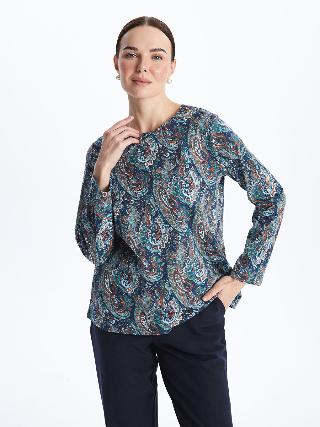 LCW Grace Crew Neck Patterned Long Sleeve Women's T-Shirt -S46750Z8-LQP