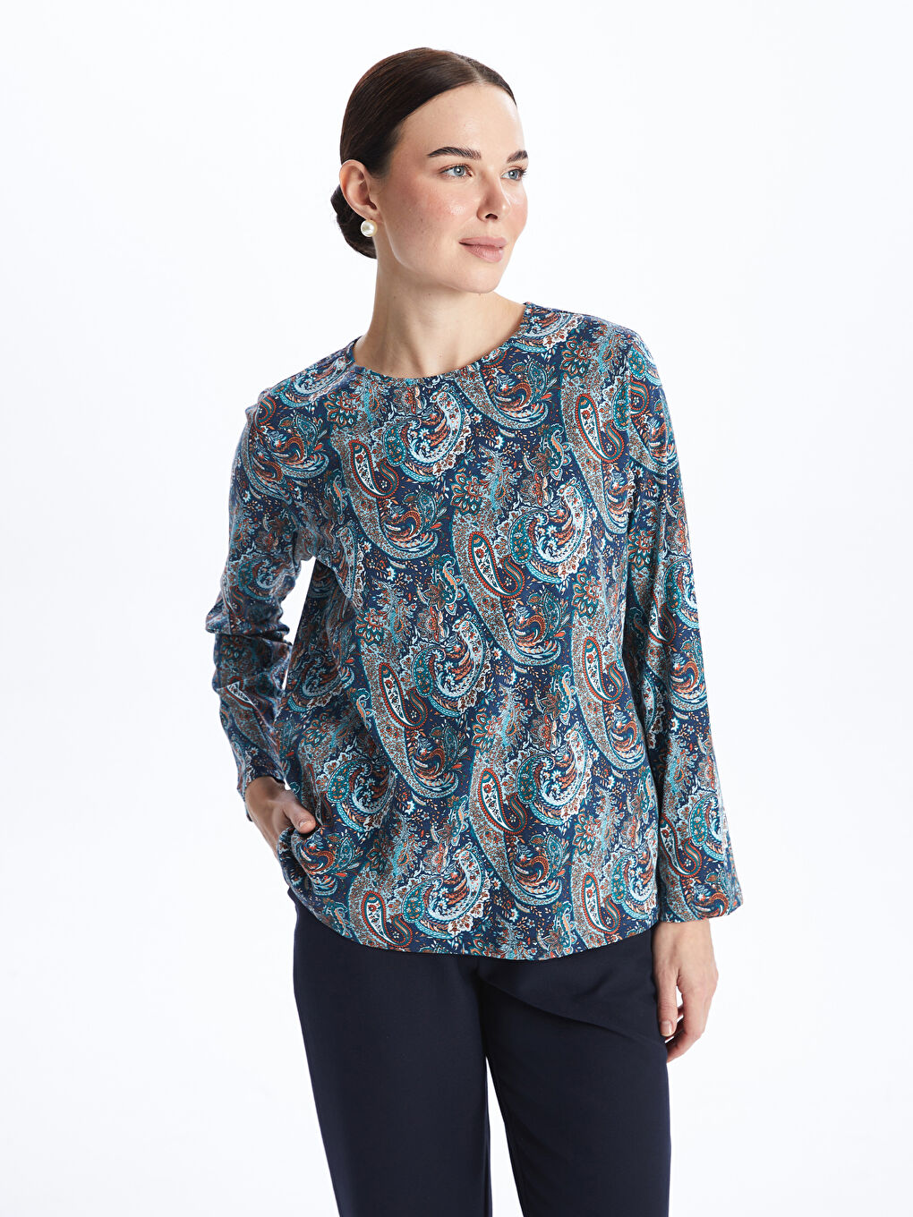 LCW Grace Crew Neck Patterned Long Sleeve Women's T-Shirt -S46750Z8-LQP