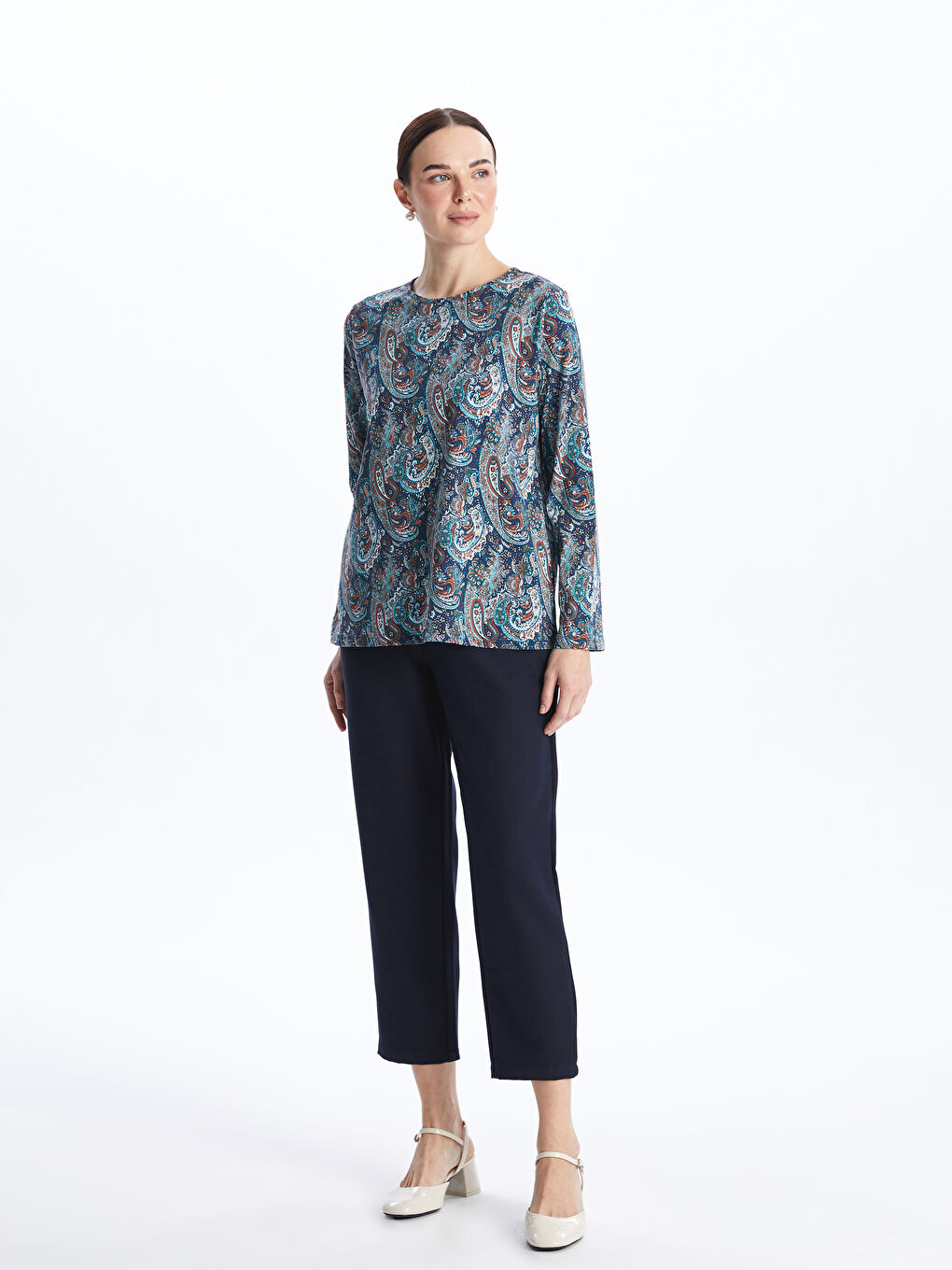 LCW Grace Crew Neck Patterned Long Sleeve Women's T-Shirt -S46750Z8-LQP