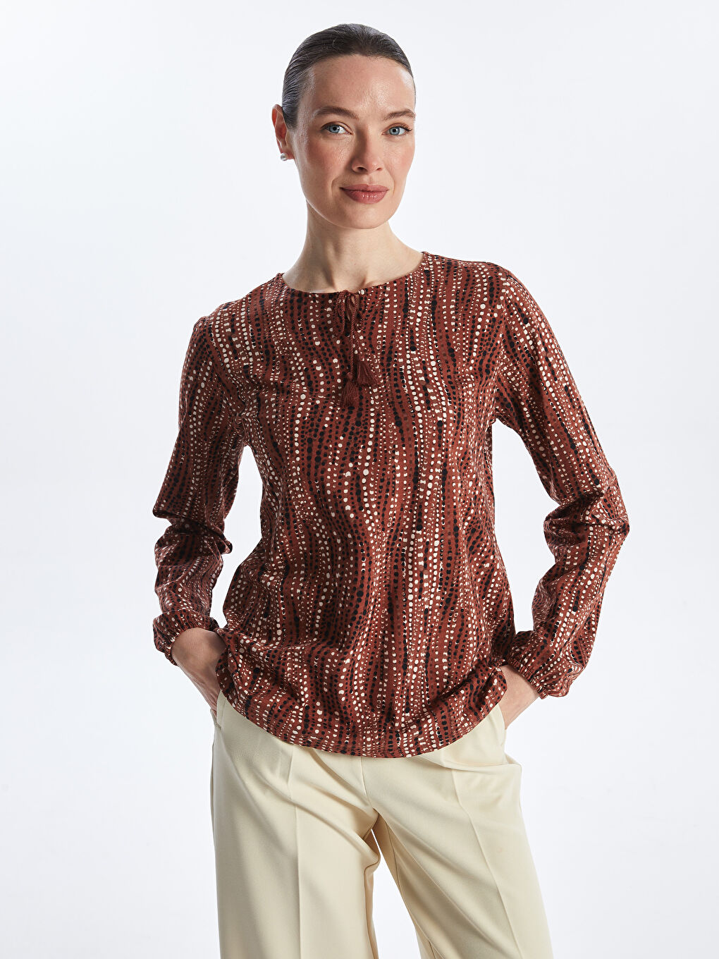 Tie Neck Patterned Long Sleeve Women's Blouse -S46752Z8-LR3