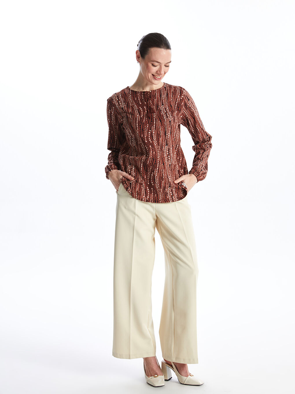 Tie Neck Patterned Long Sleeve Women's Blouse -S46752Z8-LR3