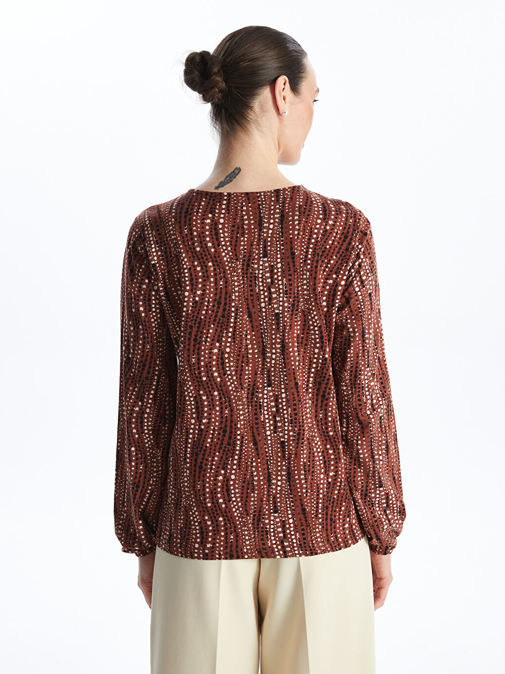 Tie Neck Patterned Long Sleeve Women's Blouse -S46752Z8-LR3