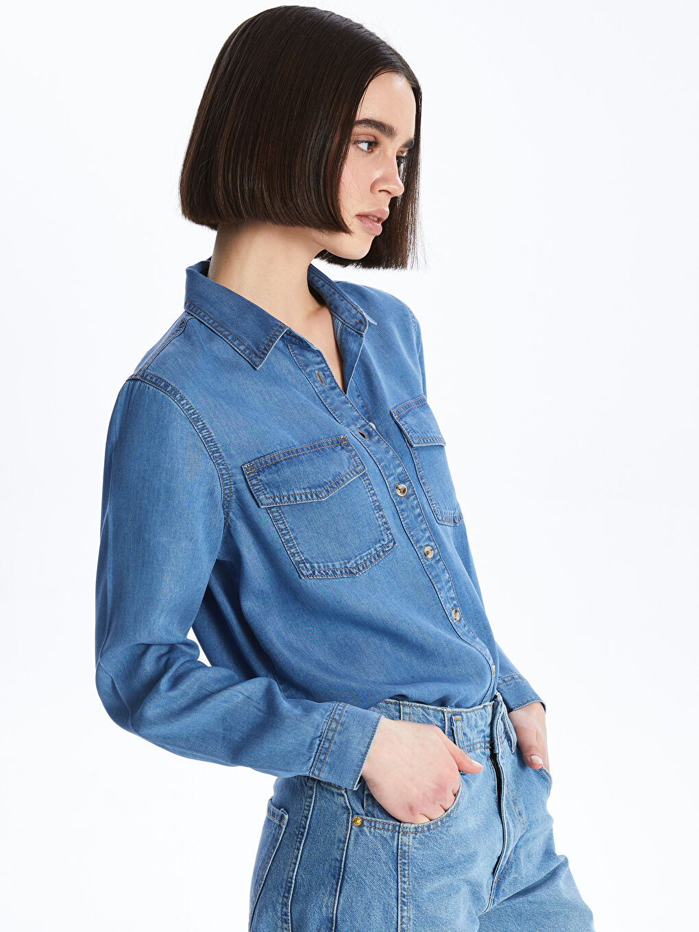 Plain Long Sleeve Women's Denim Shirt -S46801Z8-507