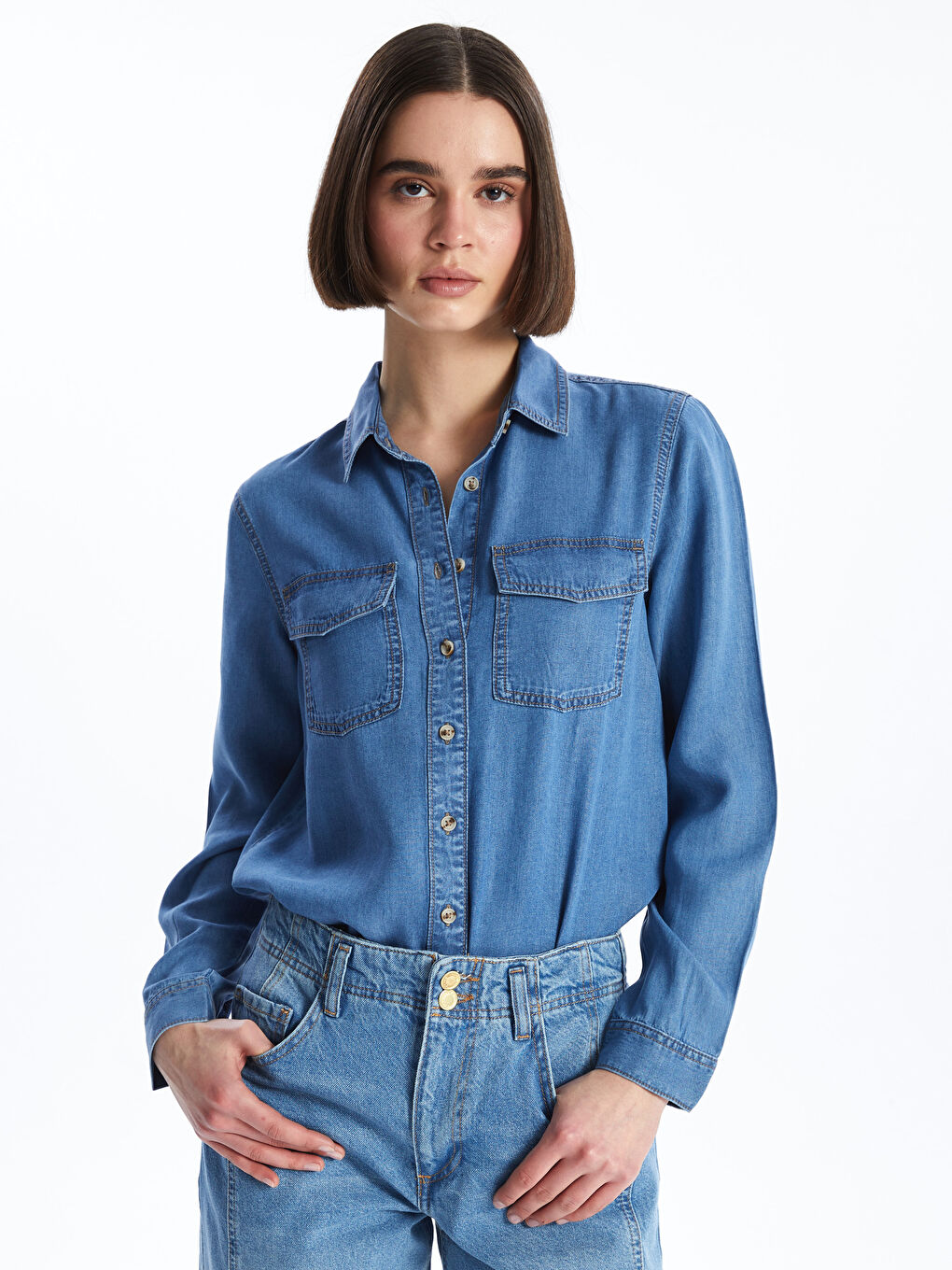 Plain Long Sleeve Women's Denim Shirt -S46801Z8-507