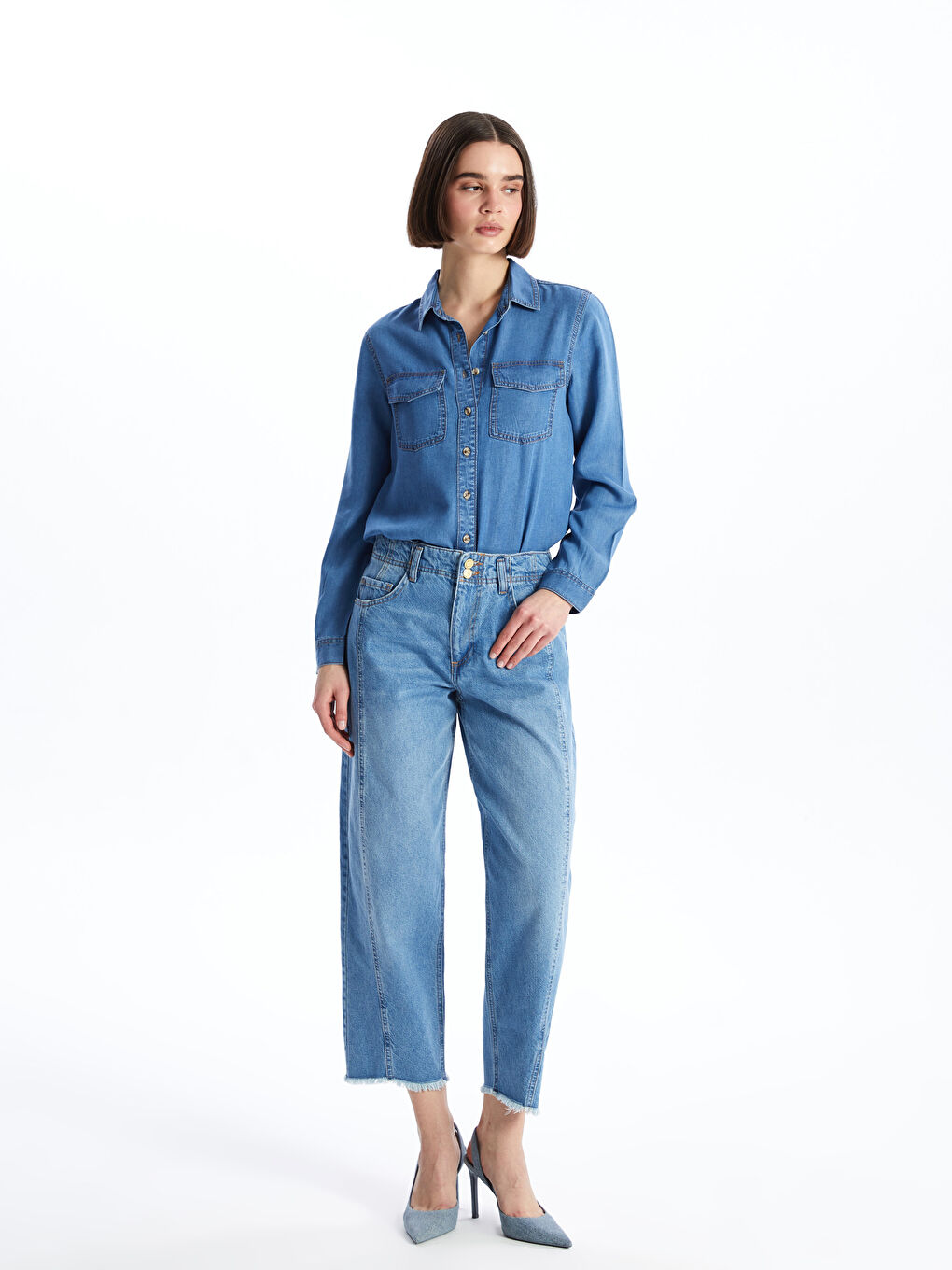 Plain Long Sleeve Women's Denim Shirt -S46801Z8-507