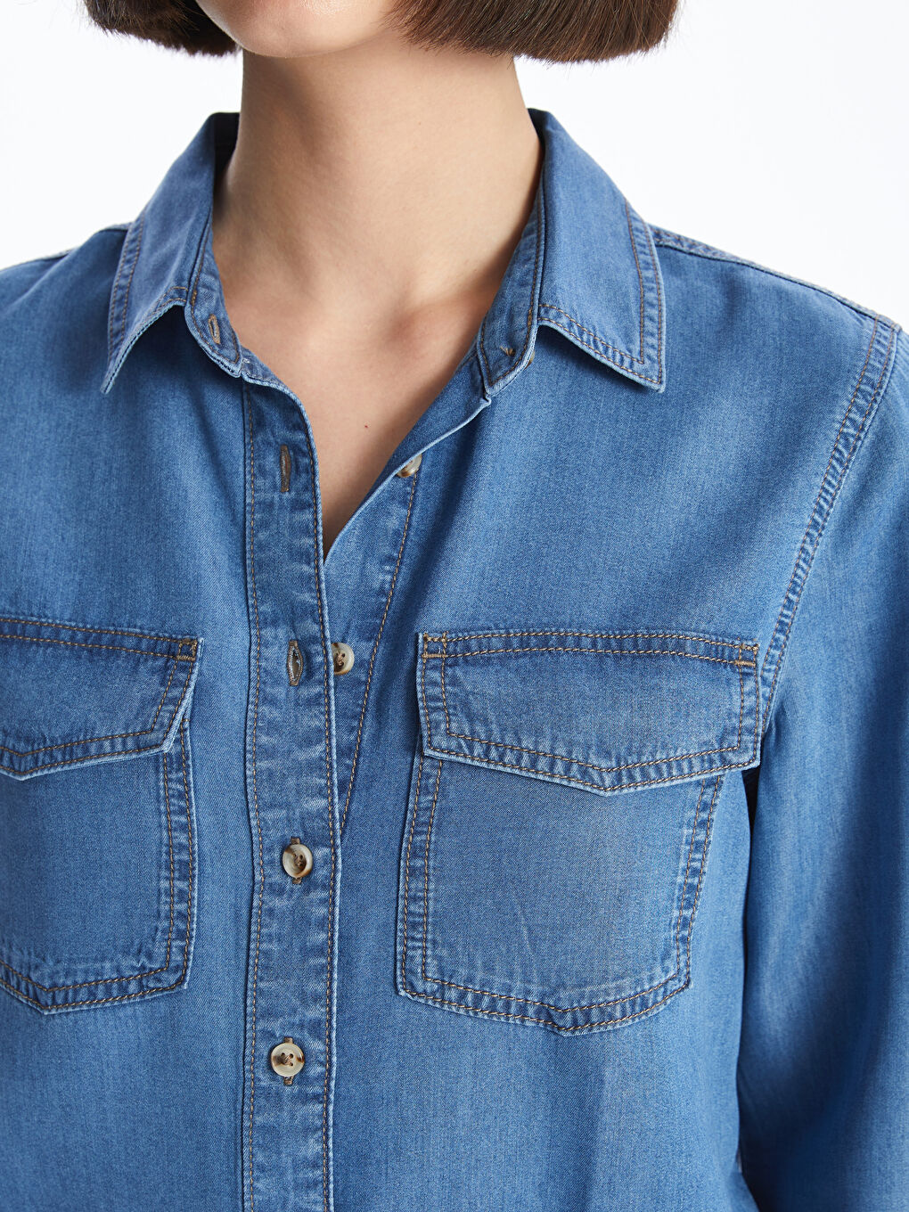 Plain Long Sleeve Women's Denim Shirt -S46801Z8-507