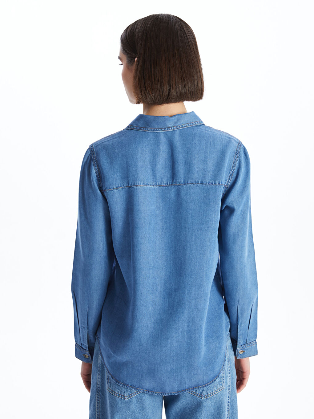 Plain Long Sleeve Women's Denim Shirt -S46801Z8-507