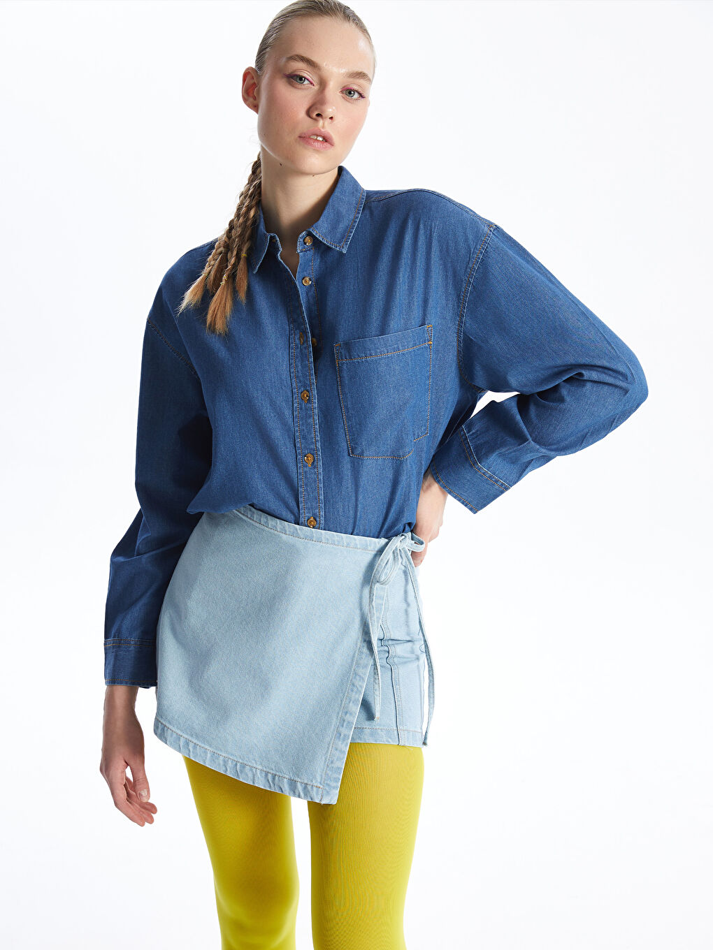 Chemise en Jean Oversize Uni à Manches Longues pour Femmes