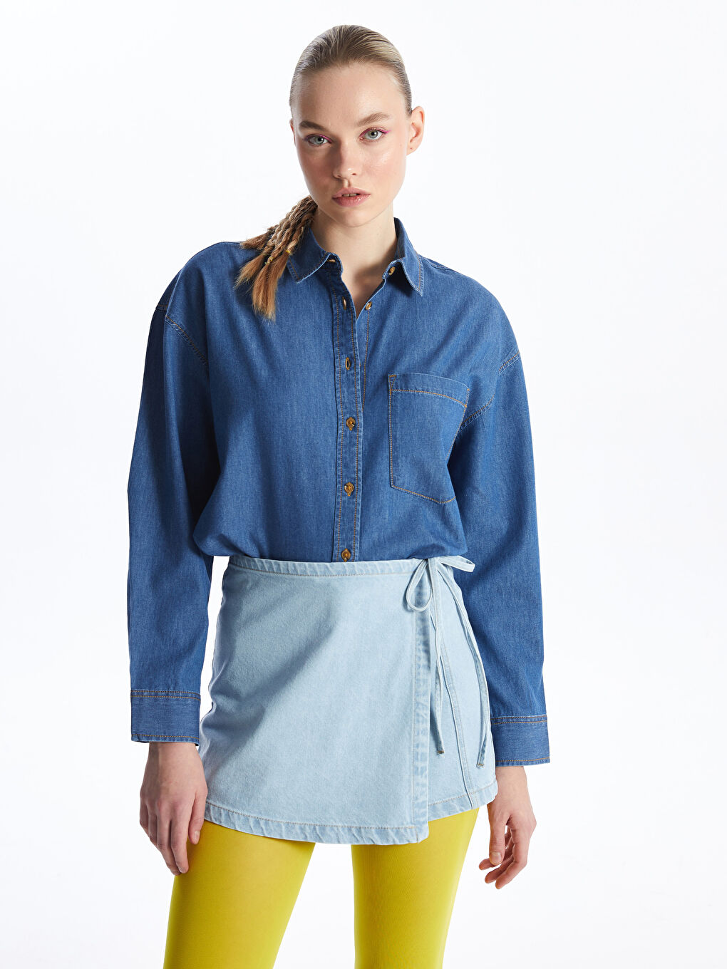 Chemise en Jean Oversize Uni à Manches Longues pour Femmes-1