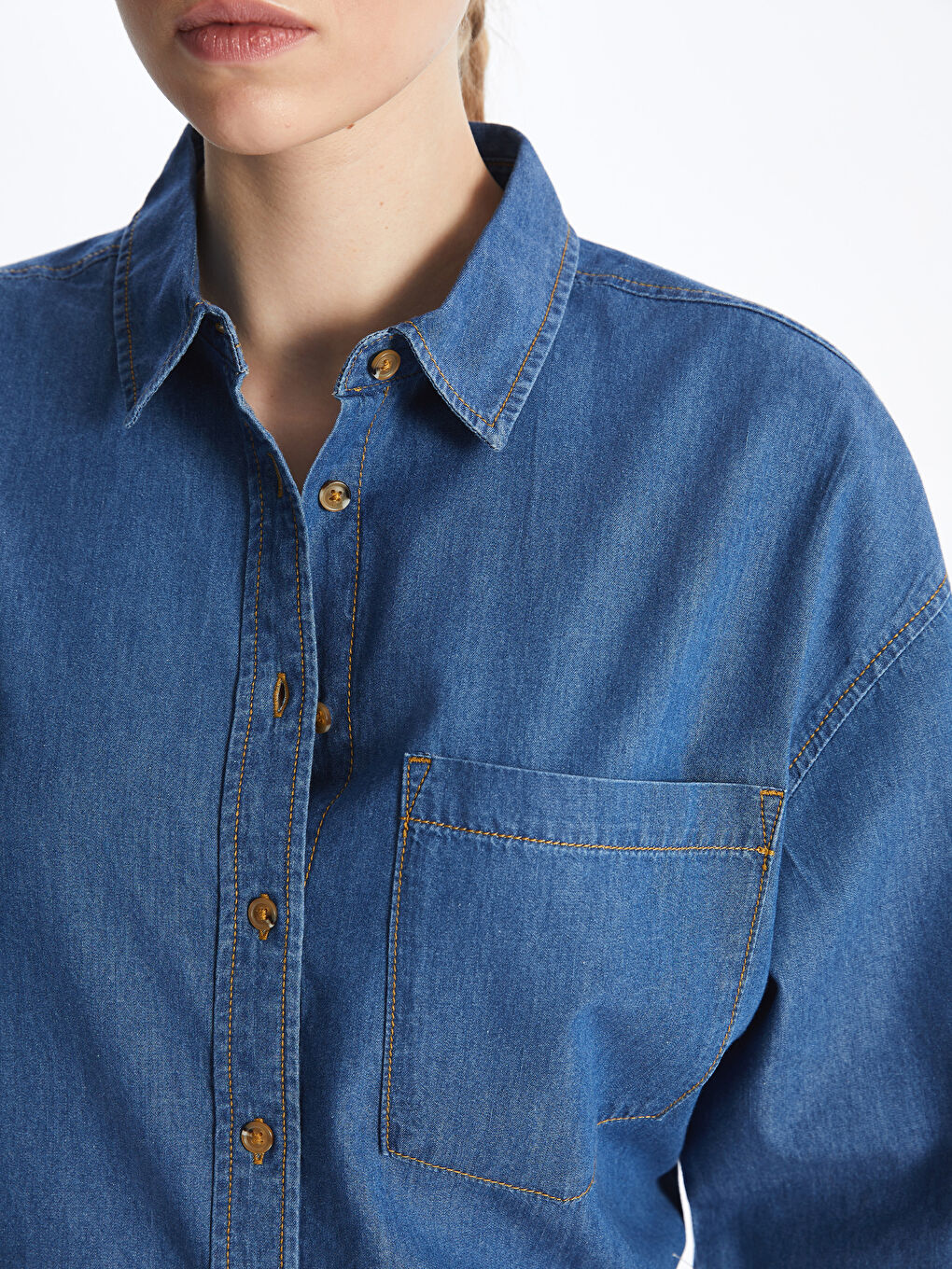Chemise en Jean Oversize Uni à Manches Longues pour Femmes-2