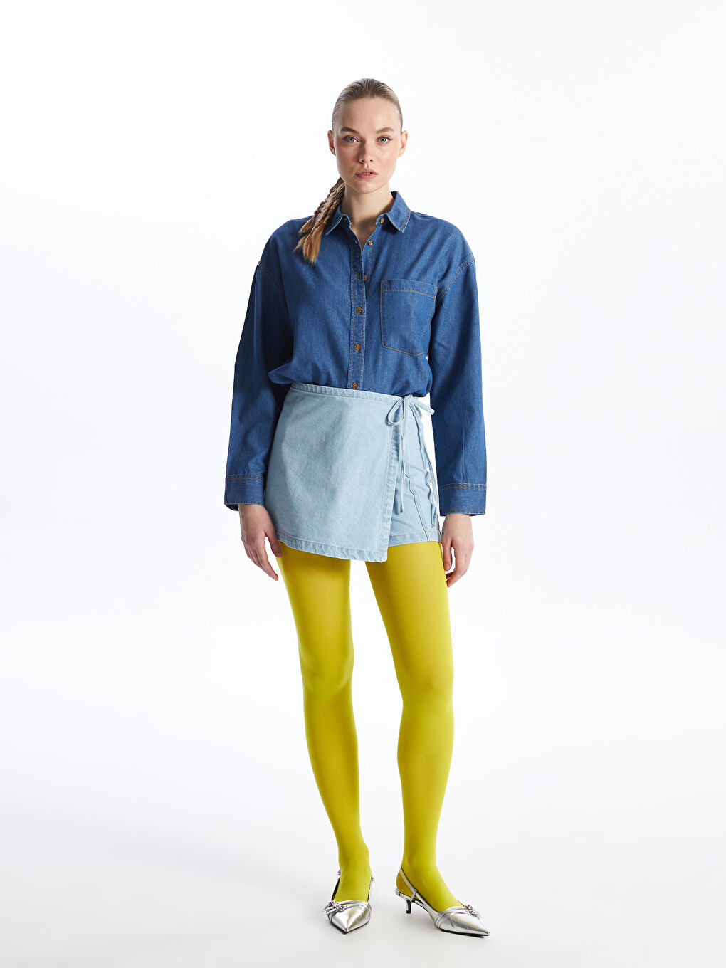 Chemise en Jean Oversize Uni à Manches Longues pour Femmes-3