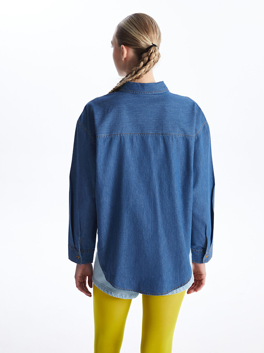 Chemise en Jean Oversize Uni à Manches Longues pour Femmes-4
