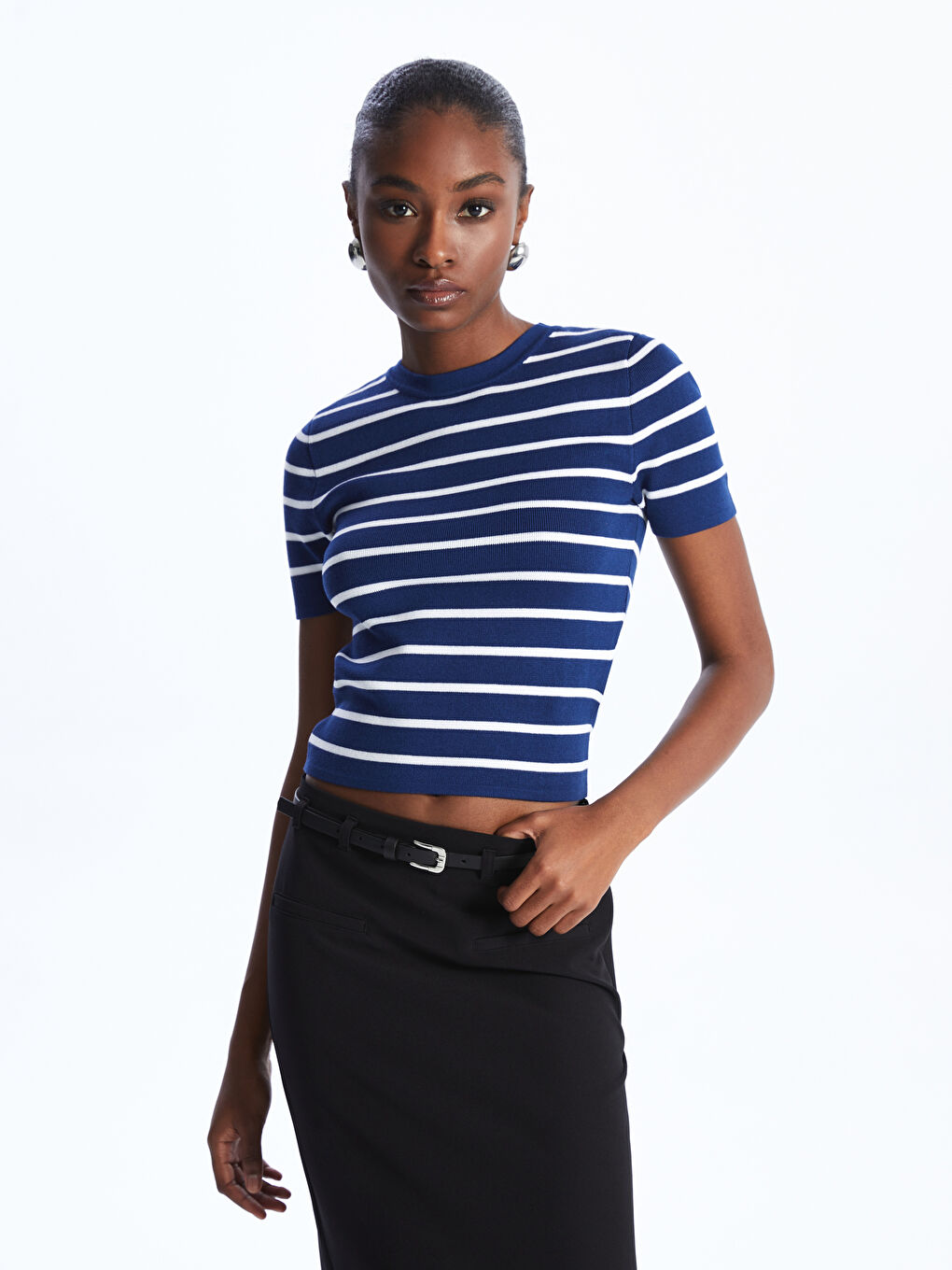 Crew Neck Striped Short Sleeve Women's Knitwear Sweater -S46814Z8-HFH