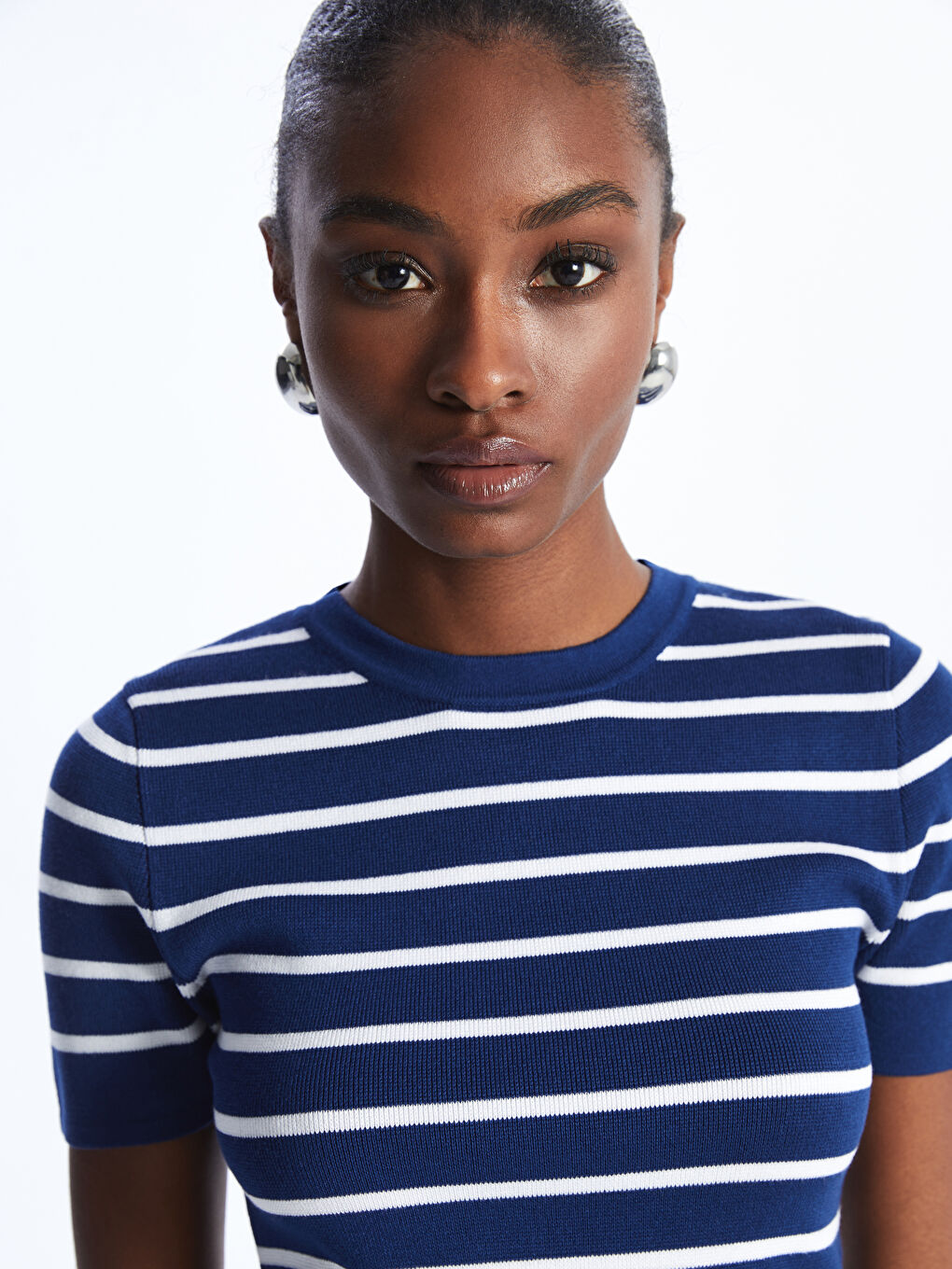 Crew Neck Striped Short Sleeve Women's Knitwear Sweater -S46814Z8-HFH