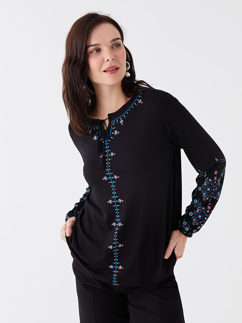 LCW Grace Tie Neck Printed Long Sleeve Women's Blouse -S46835Z8-CVL