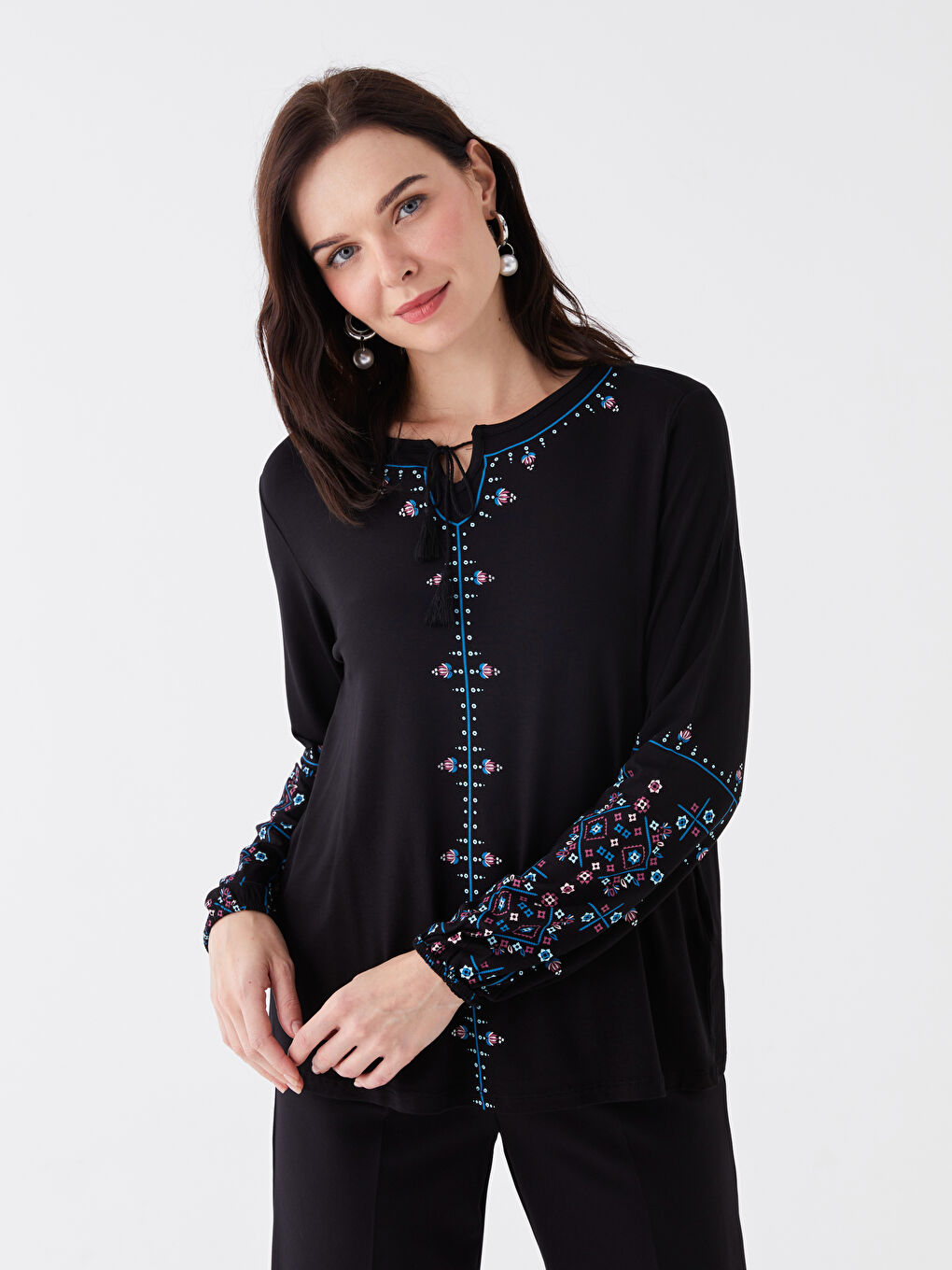LCW Grace Tie Neck Printed Long Sleeve Women's Blouse -S46835Z8-CVL