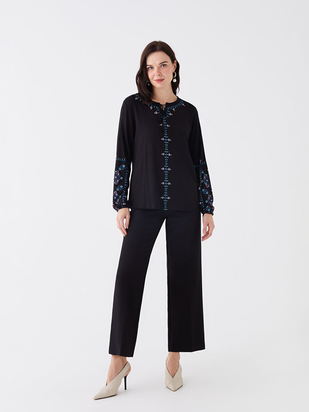 LCW Grace Tie Neck Printed Long Sleeve Women's Blouse -S46835Z8-CVL