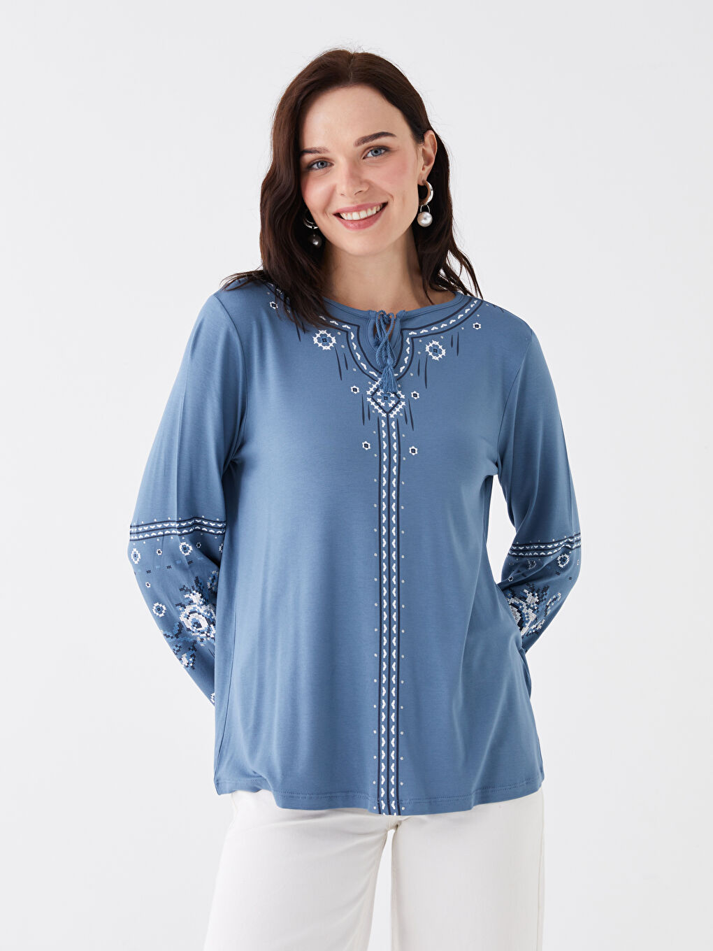 LCW Grace Tie Neck Printed Long Sleeve Women's Blouse -S46835Z8-R2E