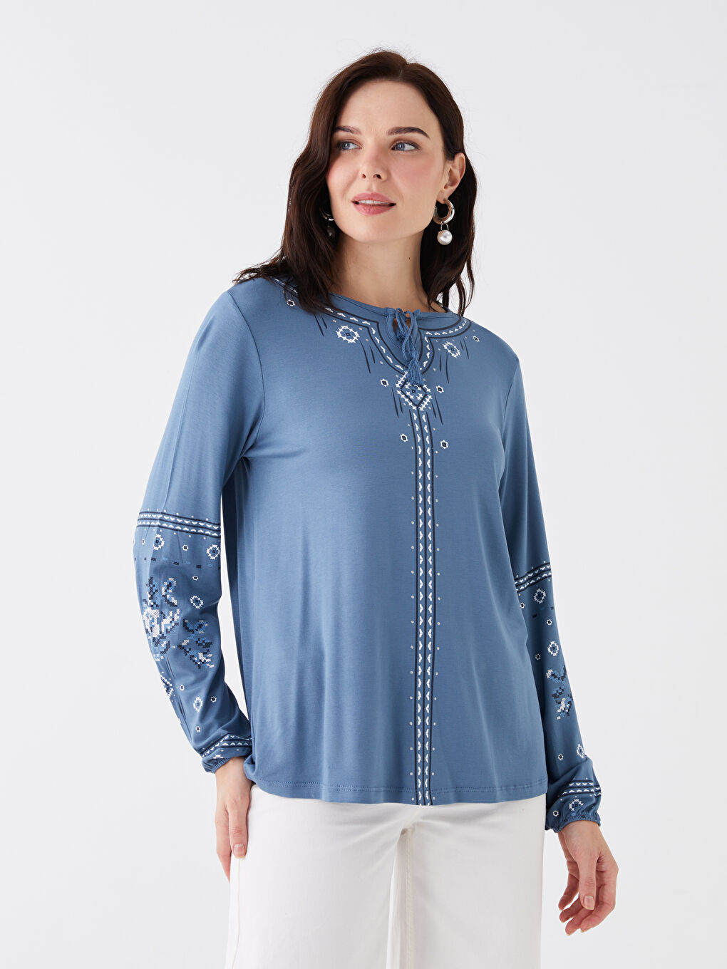 LCW Grace Tie Neck Printed Long Sleeve Women's Blouse -S46835Z8-R2E