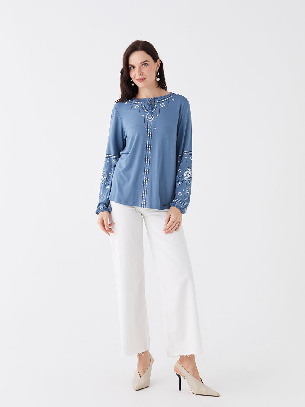 LCW Grace Tie Neck Printed Long Sleeve Women's Blouse -S46835Z8-R2E