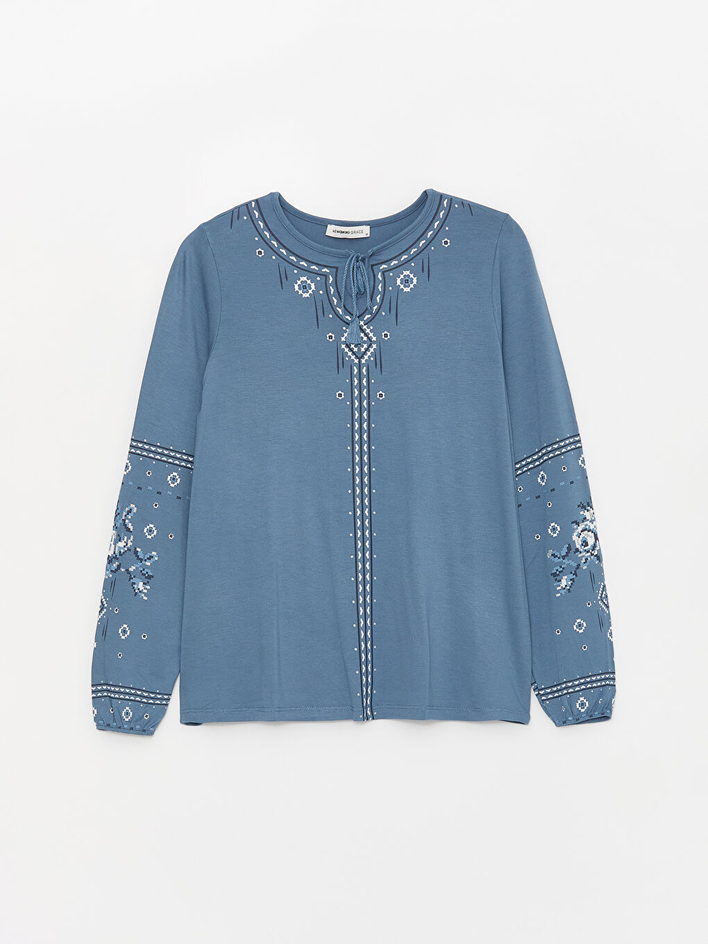 LCW Grace Tie Neck Printed Long Sleeve Women's Blouse -S46835Z8-R2E