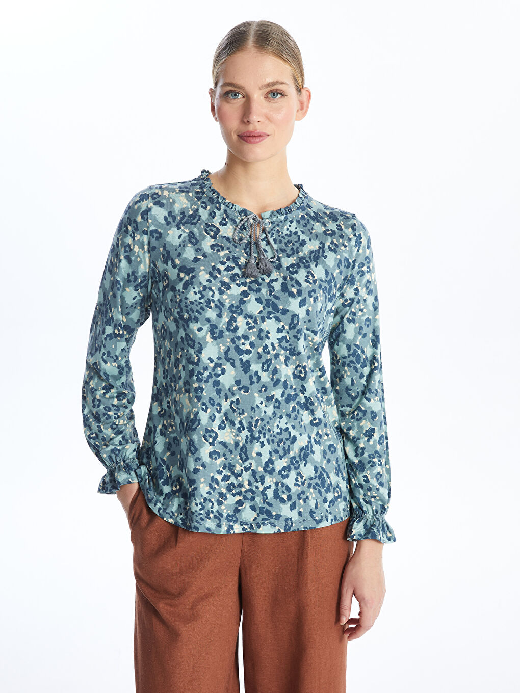 Tie Neck Patterned Long Sleeve Women's Blouse -S46844Z8-LQP