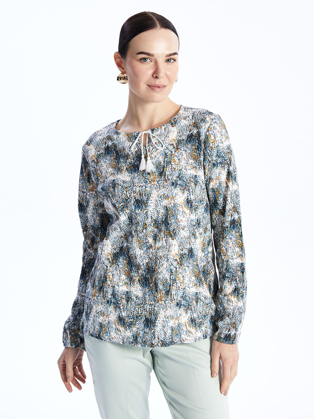 LCW Grace Tie Neck Patterned Long Sleeve Women's Blouse -S46846Z8-LRA