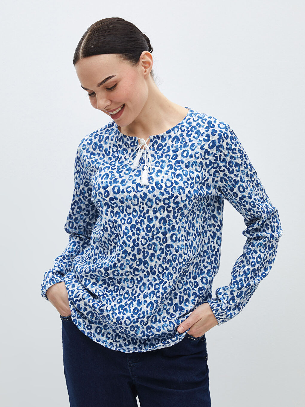 Tie Neck Patterned Long Sleeve Women's Blouse -S46846Z8-SWE
