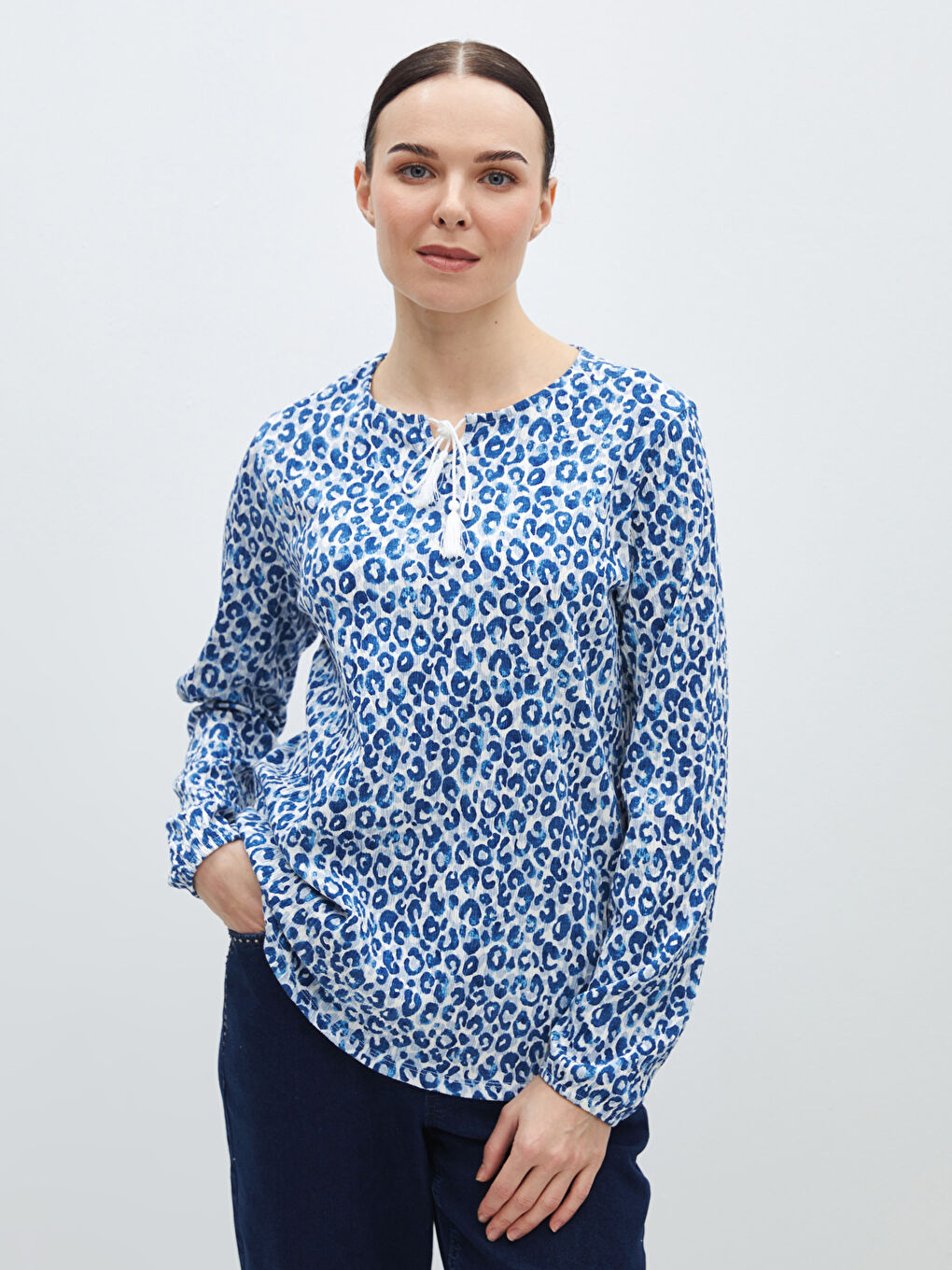 Tie Neck Patterned Long Sleeve Women's Blouse -S46846Z8-SWE
