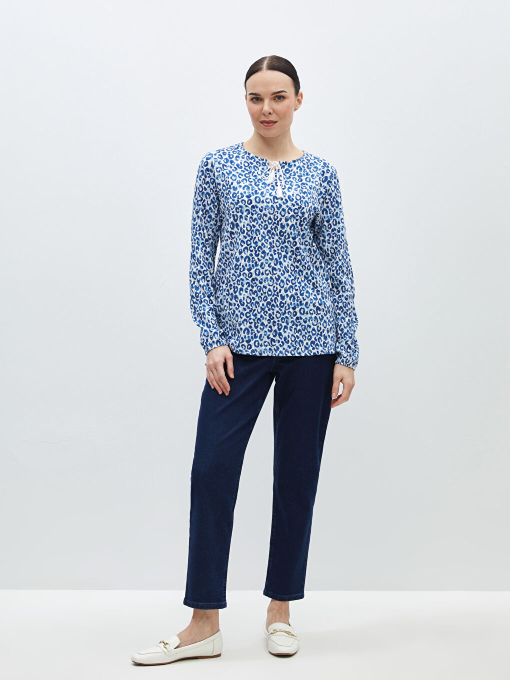 Tie Neck Patterned Long Sleeve Women's Blouse -S46846Z8-SWE
