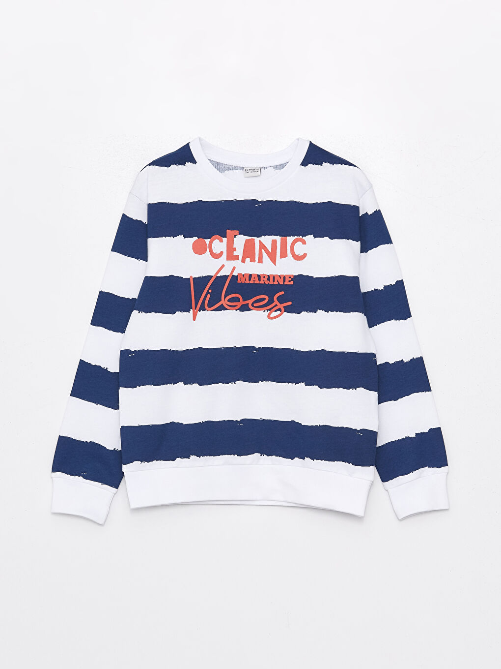 LCW Kids Açık Lacivert Çizgili Bisiklet Yaka Baskılı Uzun Kollu Erkek Çocuk Sweatshirt