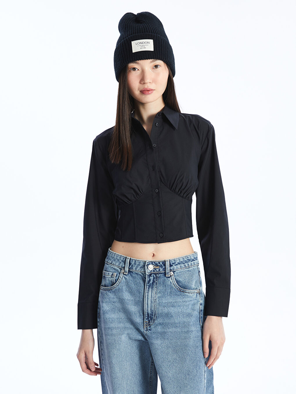 LCW Vision Siyah Crop Poplin Kadın Gömlek