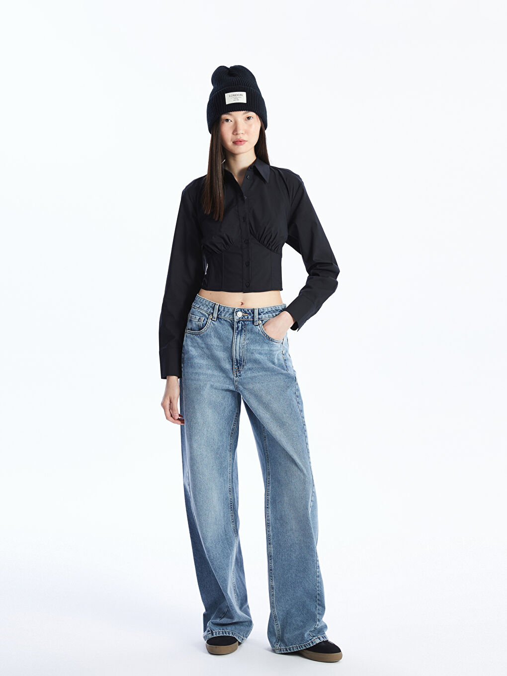 LCW Vision Siyah Crop Poplin Kadın Gömlek - 1