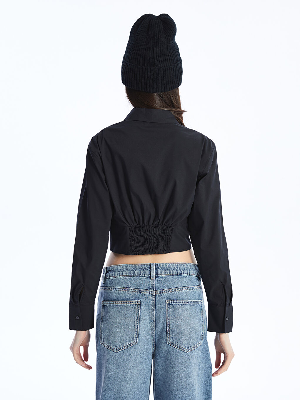 LCW Vision Siyah Crop Poplin Kadın Gömlek - 4