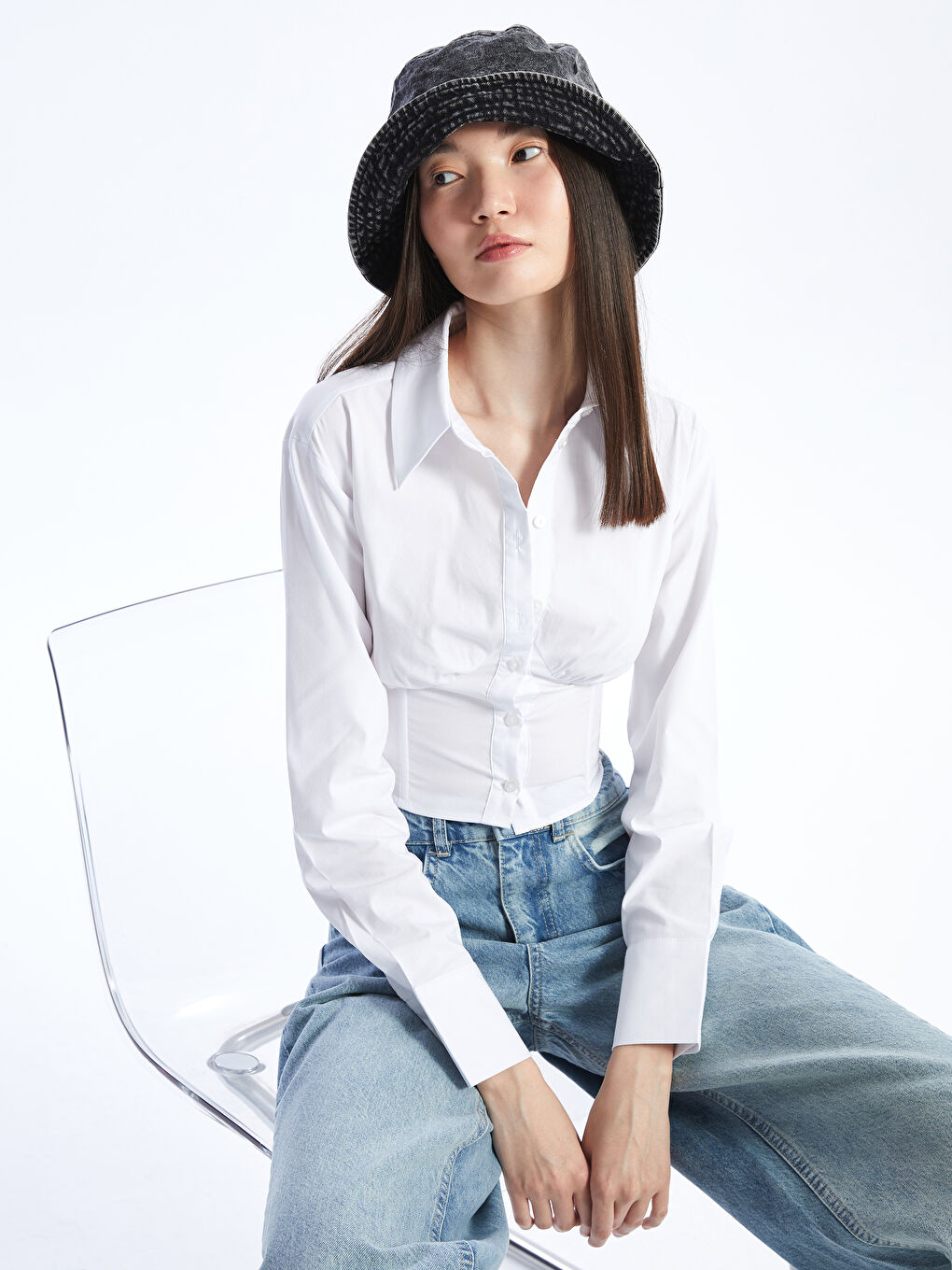 LCW Vision Beyaz Crop Poplin Kadın Gömlek
