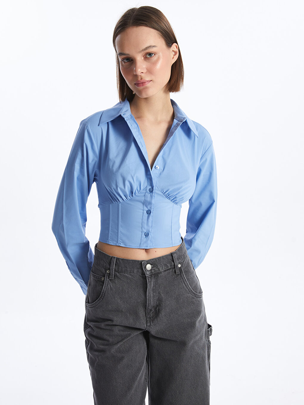 LCW Vision Mavi Crop Poplin Kadın Gömlek