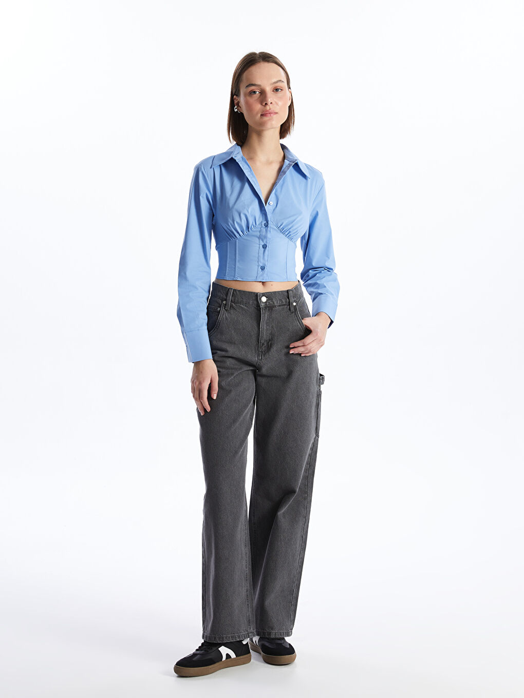 LCW Vision Mavi Crop Poplin Kadın Gömlek - 2