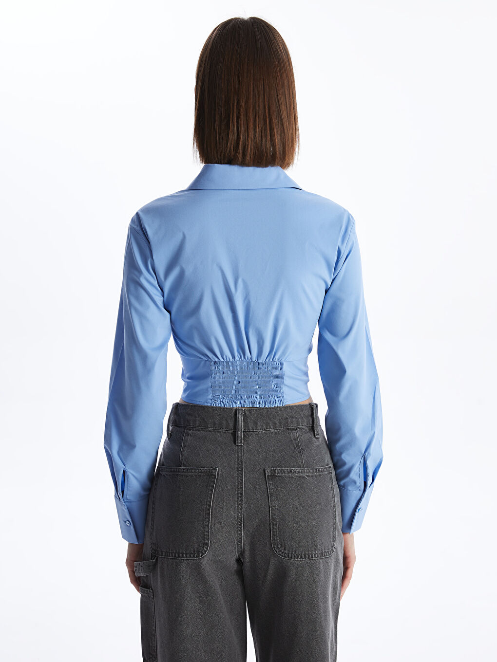 LCW Vision Mavi Crop Poplin Kadın Gömlek - 4