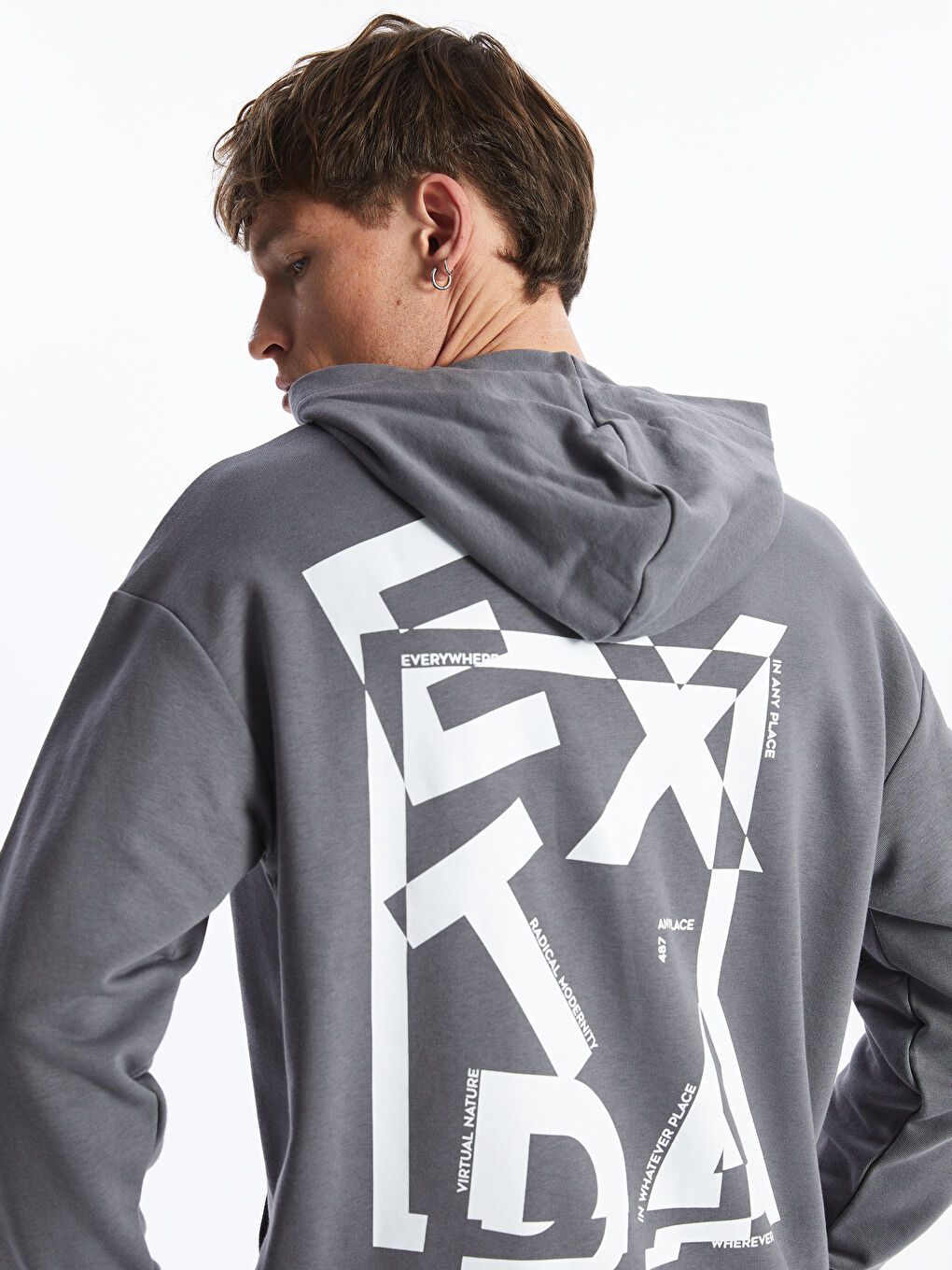 XSIDE Gri Uzun Kollu Baskılı Erkek Hoodie